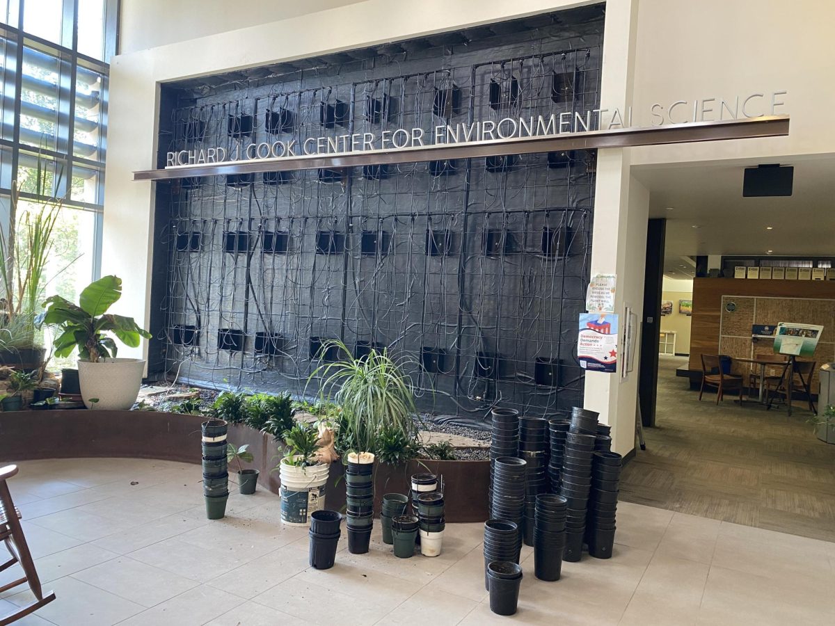 Empty plant pots sit on the floor in front of the dismantled Carr Hall plant wall on Sept. 4. As part of the wall’s revitilization process, the rainwater watering system received upgrades.