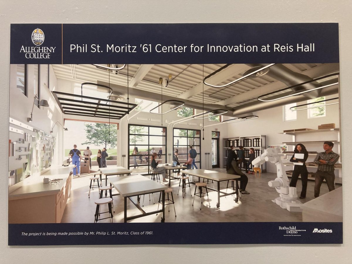 A mock-up of the Phil St. Moritz, ’61, Center for Innovation at Reis Hall hangs outside the Allegheny Lab for Innovation & Creativity in Doane Hall on Wednesday, Oct. 23. The ALIC lab in Doane will relocate there once renovations are complete. 