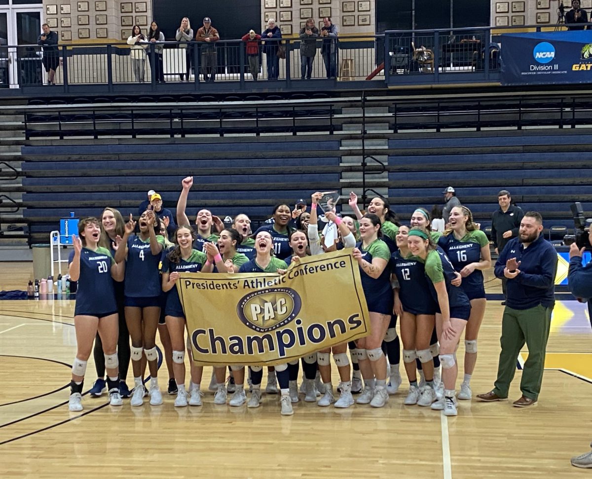 The volleyball team celebrates their win on the court against Saint Vincent. The team traveled to Newport News, Virginia, for the 2024 NCAA Division III Volleyball Championships where they played East Texas Baptist University on Thursday, Nov. 21.