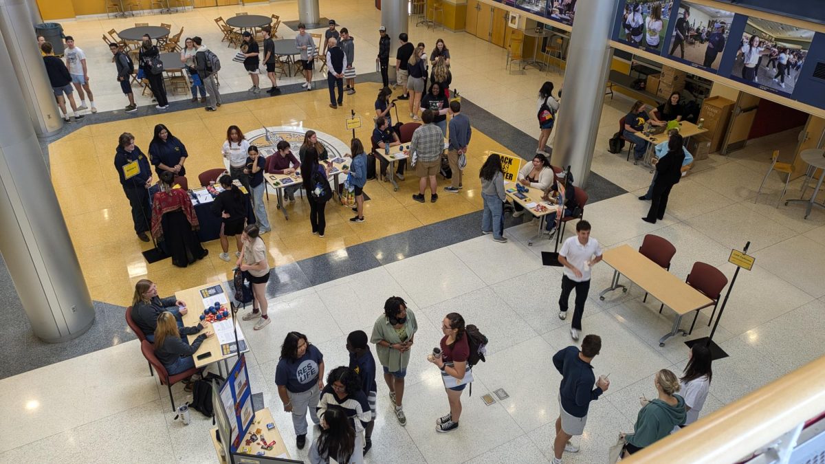 After the student leadership panel, students gathered in the lobby of the Henderson Campus Center for a Student Leadership Fair with representatives from the Office of Residence Life, Bonner Service Leader Program and more.