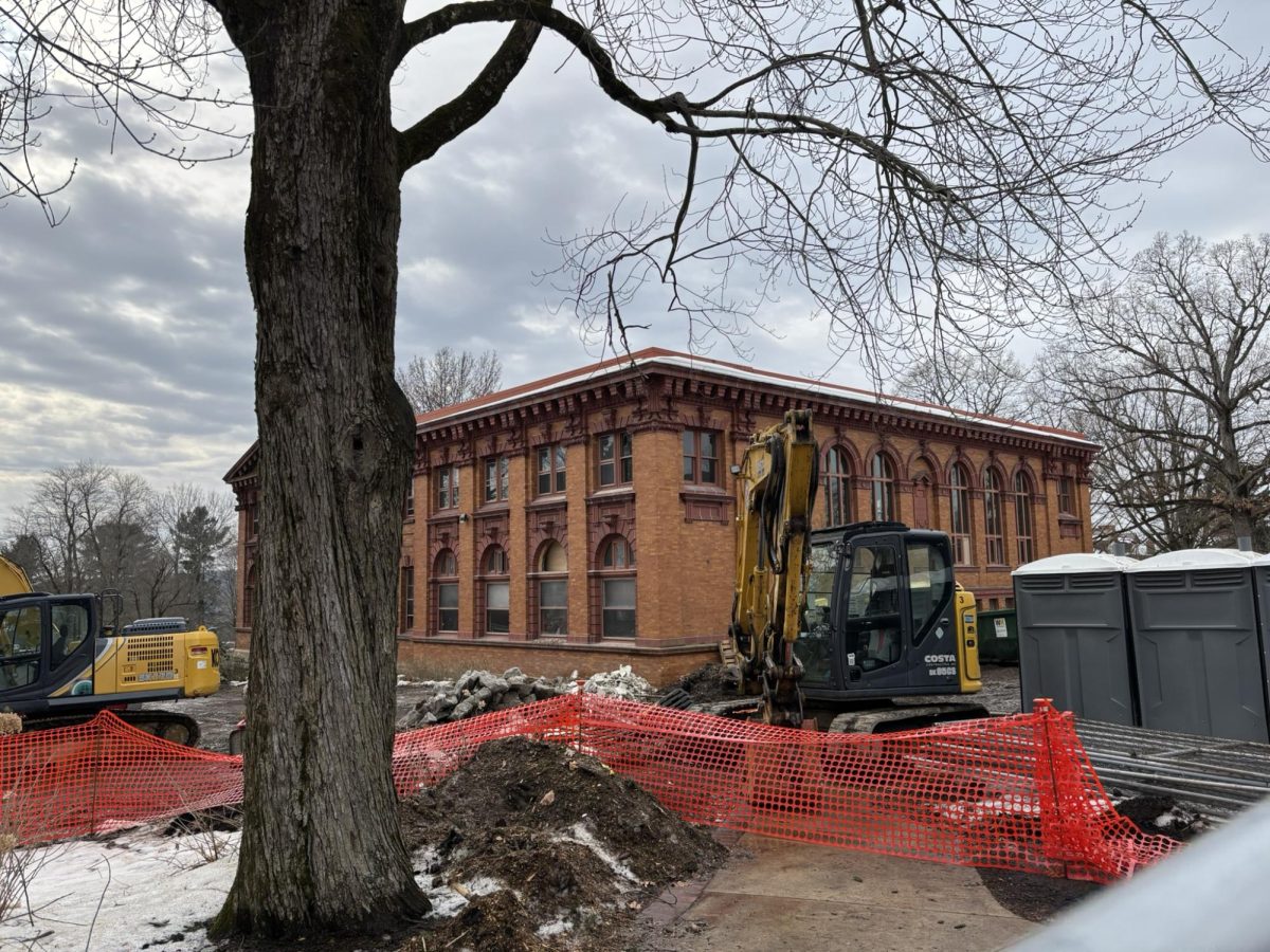 Construction equipment sits in front of Reis Hall. Construction on the building has been ongoing since the first week of the semester.