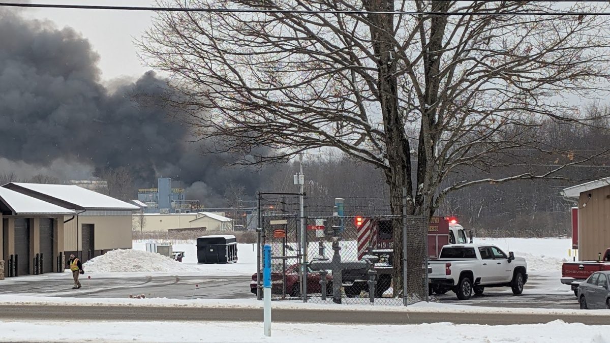 Black smoke billows into the air shortly after the explosion at Parker Lord Corp’s Saegertown manufacturing facility on Sunday, Feb. 9. 