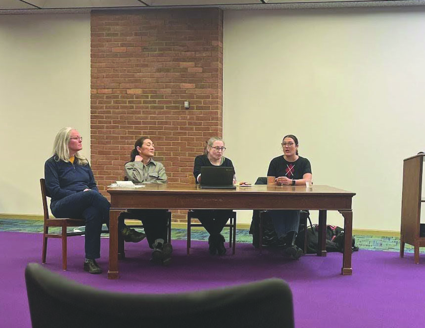 From left: Alexis Hart, Professor of English, Janyl Jumadinova, Computer and Information Science Department Chair, Kalé Haywood, History Department Chair and NealyClare Wheat, Honor Committee Chair, speak during the panel discussion on Thursday, Jan. 30. in the Lawrence Lee Pelletier Library.
