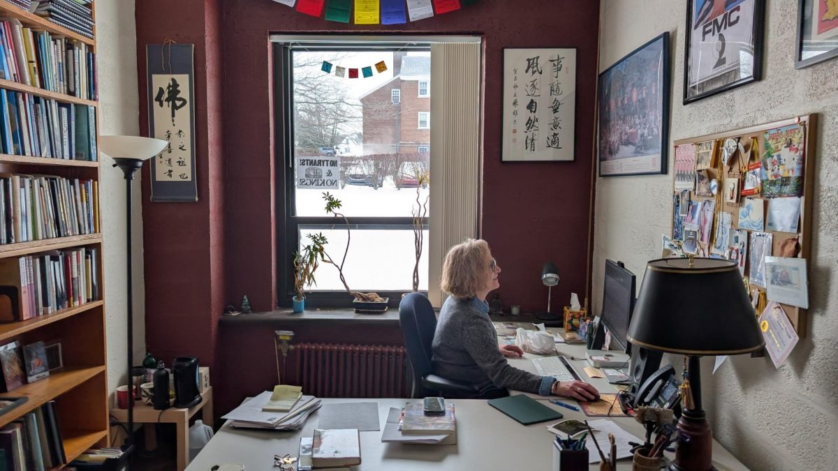 Professor of Political Science Sharon Wesoky’s favorite piece of office decor hangs on the wall above her desk.