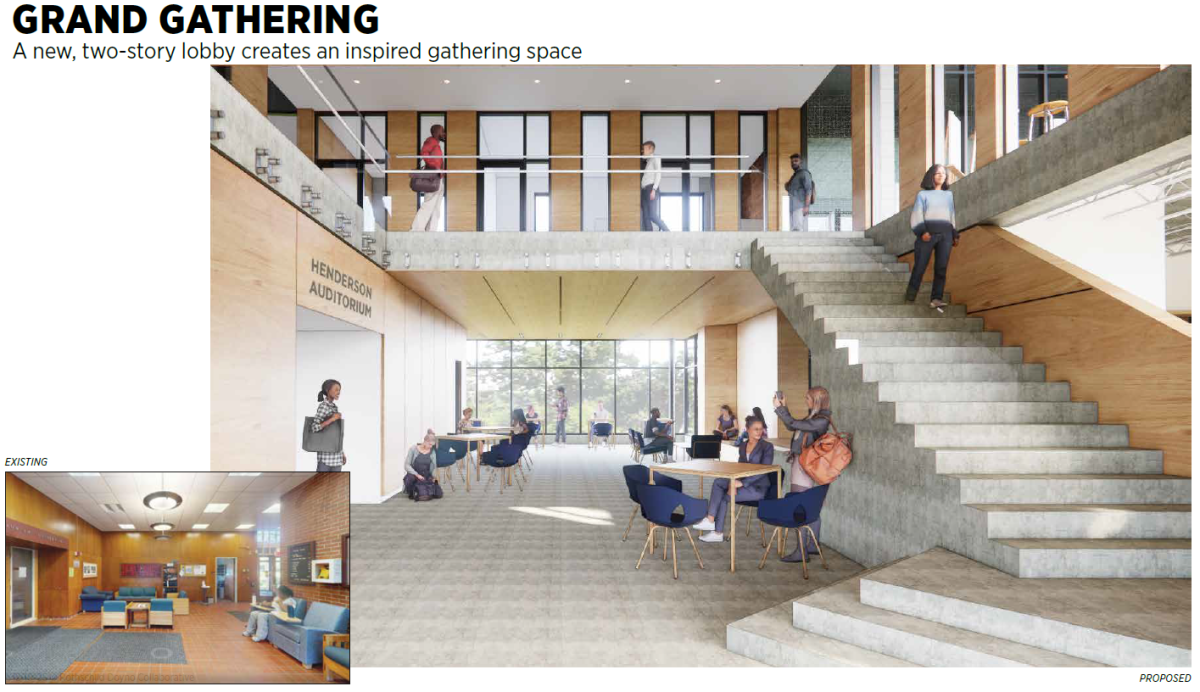 The concept photo above features a before and after comparison of the intended renovations for the lobby of Quigley Hall. Renovations shown in the photo include a new staircase, a wider lobby space and floor-to-ceiling windows.