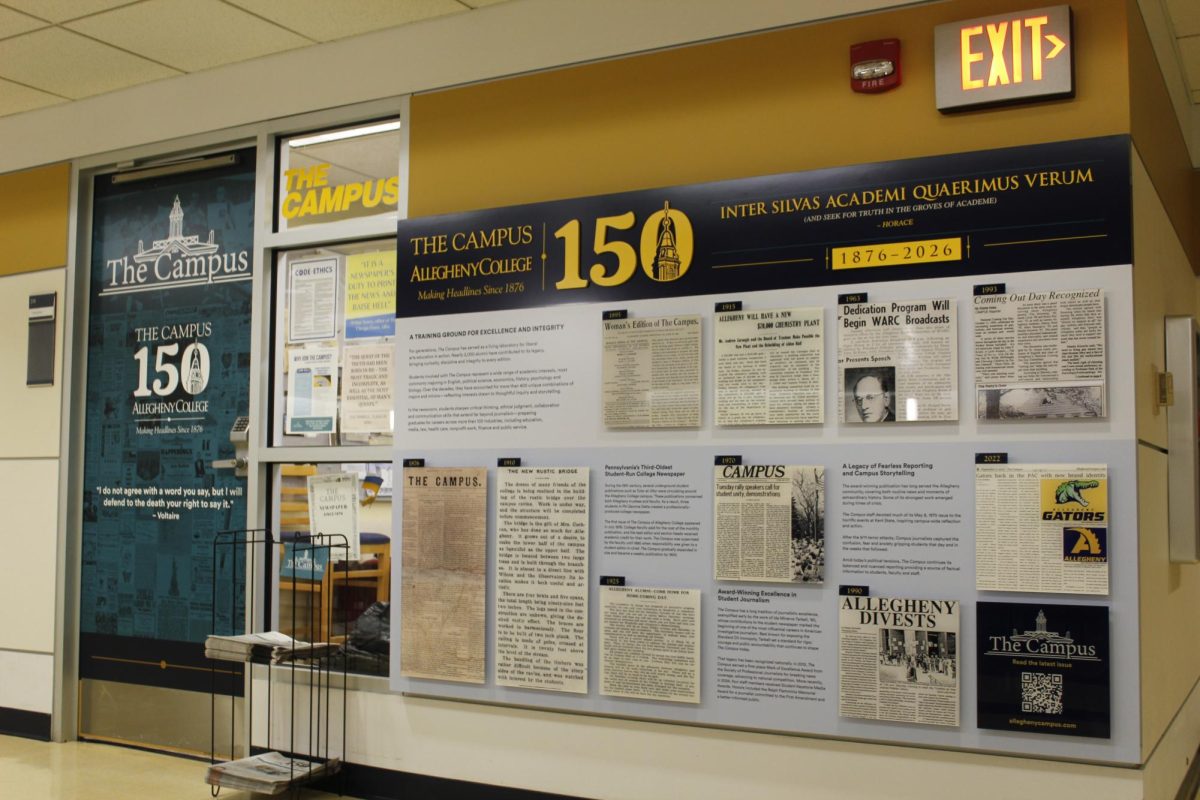 A door wrap and wall display for The Campus newsroom were installed on Thursday, Feb. 12, and Wednesday, Feb. 18, in celebration of the newspaper’s 150th anniversary. The elements were created by Director of Design & Publications Brian Martone, Graphic Designer Sarah Swanson and Archives and Special Collections Librarian Chris Anderson.